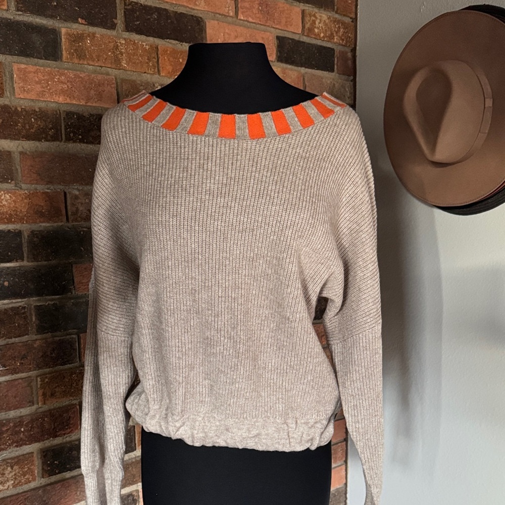Women's Oatmel Sweater with Orange Neckline - Picture 1 of 4